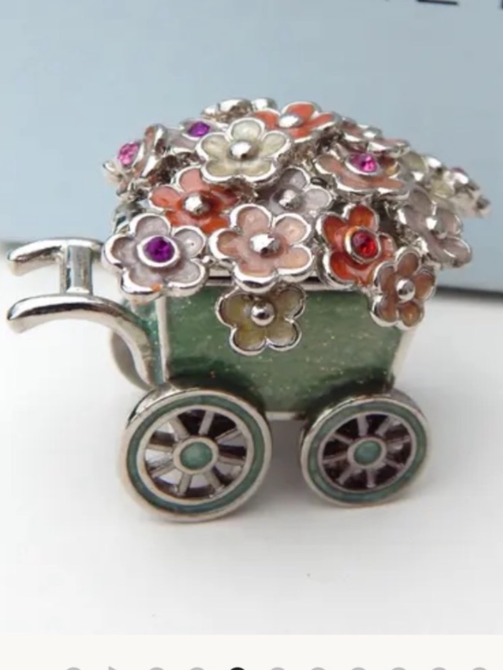 Monet | Trinket Box | Monet Silver Floral Cart Brooch with Green & Pink Enamel